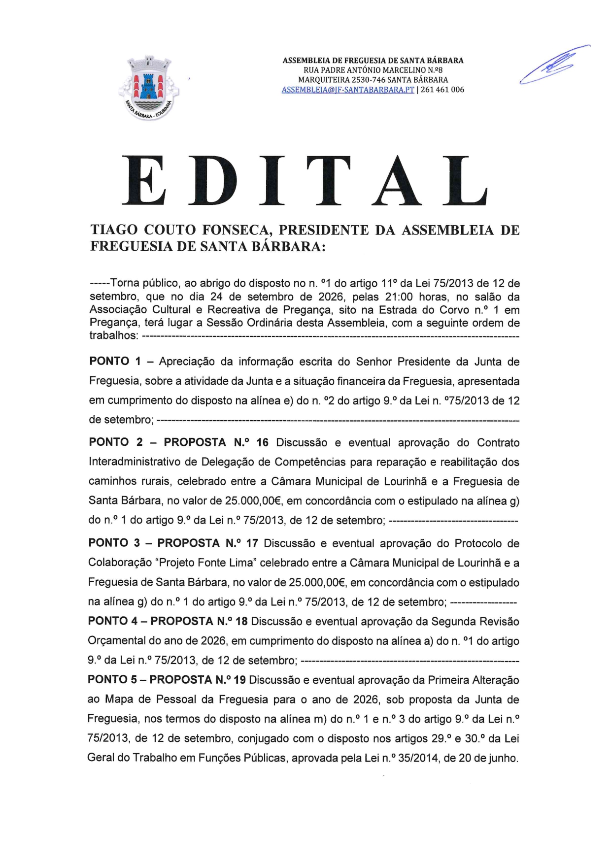 EDITAL | Assembleia de Freguesia – Sessão Ordinária – 24/09/2026